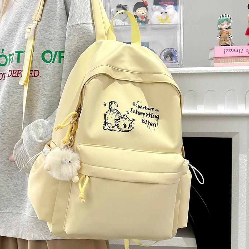 Schoolbag Korean Version Small Fresh Schoolbag Female Junior High School High School Student Printed Kitten College Student Backpack Ins Simple Back
