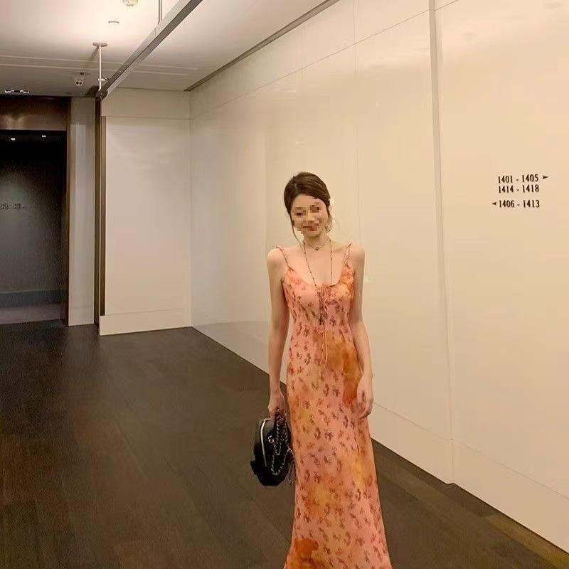 Lace Stitching Blue Plaid V-neck Suspender Dress Women's Summer Vacation Skirt Spice Girl Slim A-word Long Dress