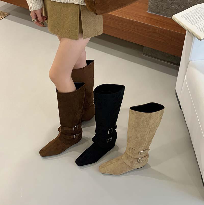 

2025 autumn and winter new pointed but knee belt buckle wedge heel middle heel boots high heel boots brown velvet 40 хаки