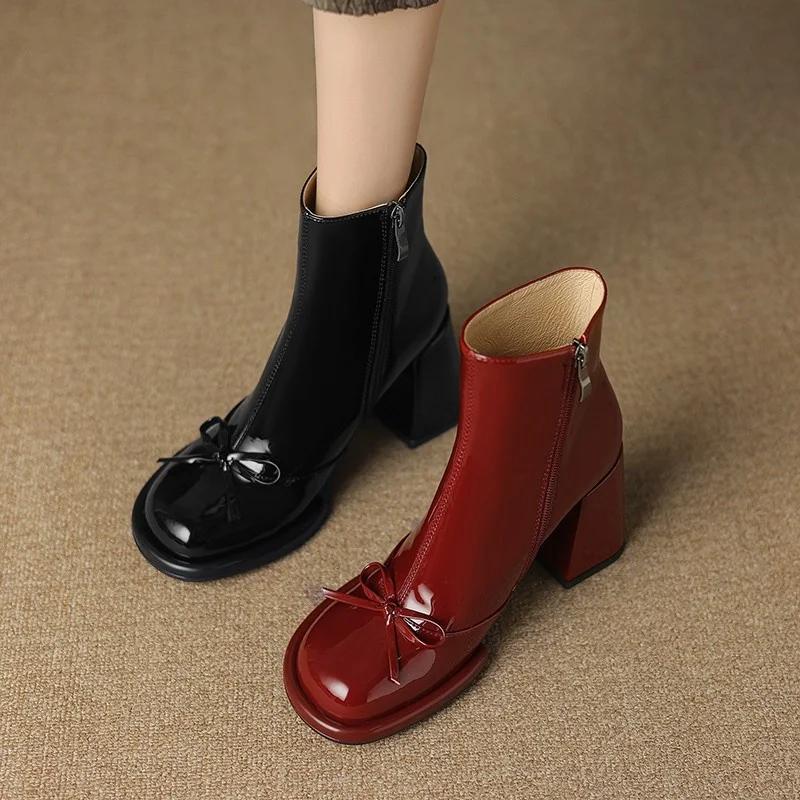 Spring and Autumn New Style Bow Round Toe Square Heel Zipper Short Boots Elegant Sexy Temperament Casual Fashion Women's Boots