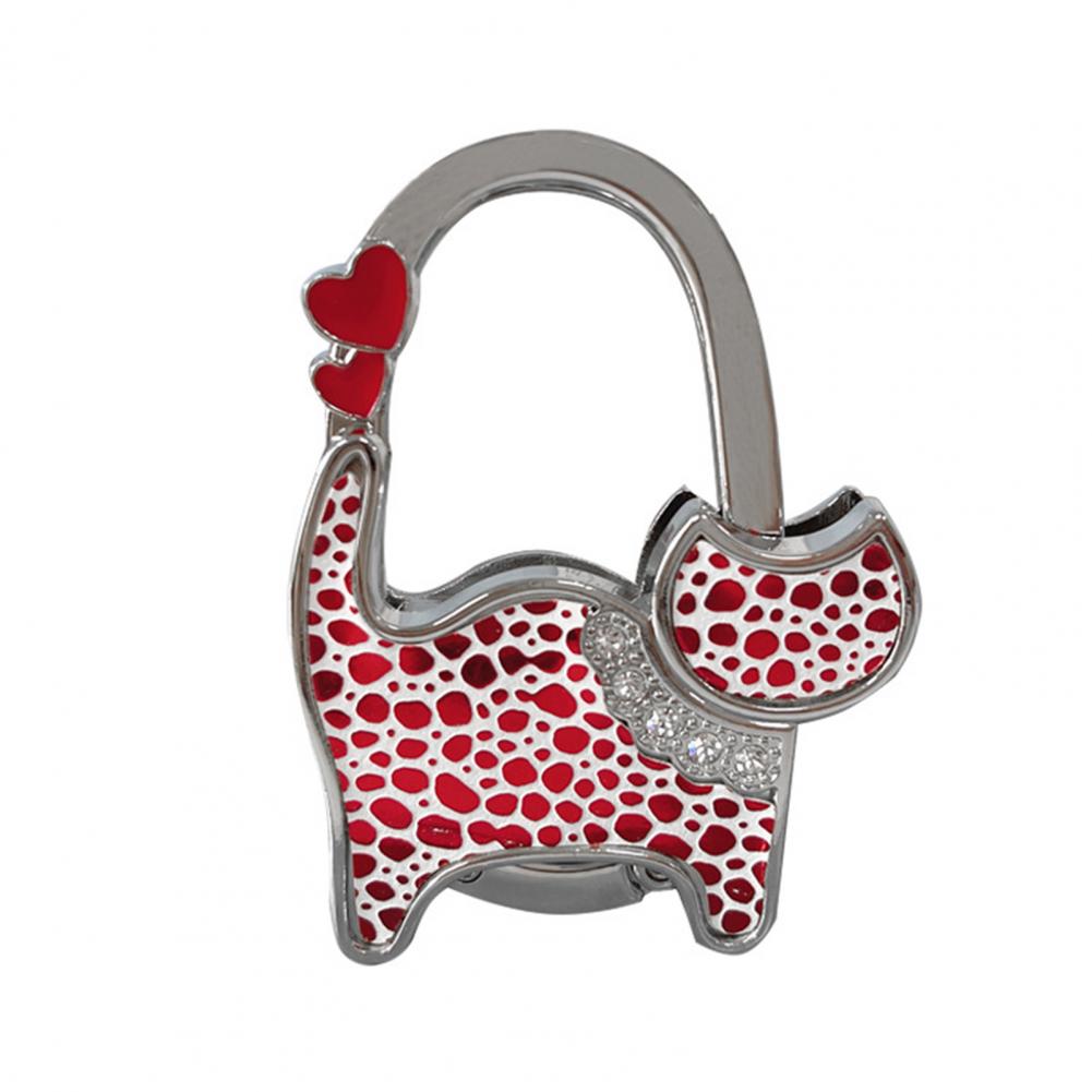 Cat-Shaped Bag Hook with Shiny Rhinestones Decor Non-Slip Base Foldable Desk Edge Handbag Hanger Keychain
