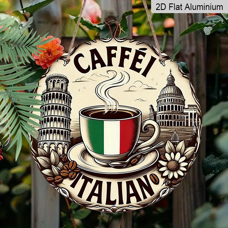 2D Flat, 1pc Caffe 7.87X7.87Round Aluminum Sign, Rome Landmarks Round Aluminum Sign, Italian Coffee Metal Tin Sign - European Style Rustic Metal Wall