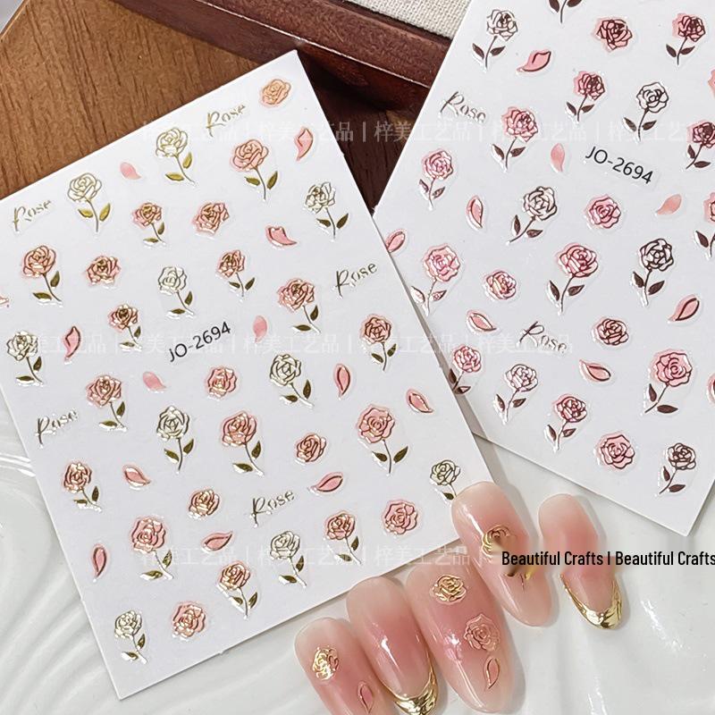 

2025 Spring/Summer Rose Gold Watercolor 3D Nail Art Stickers with Foil Relief