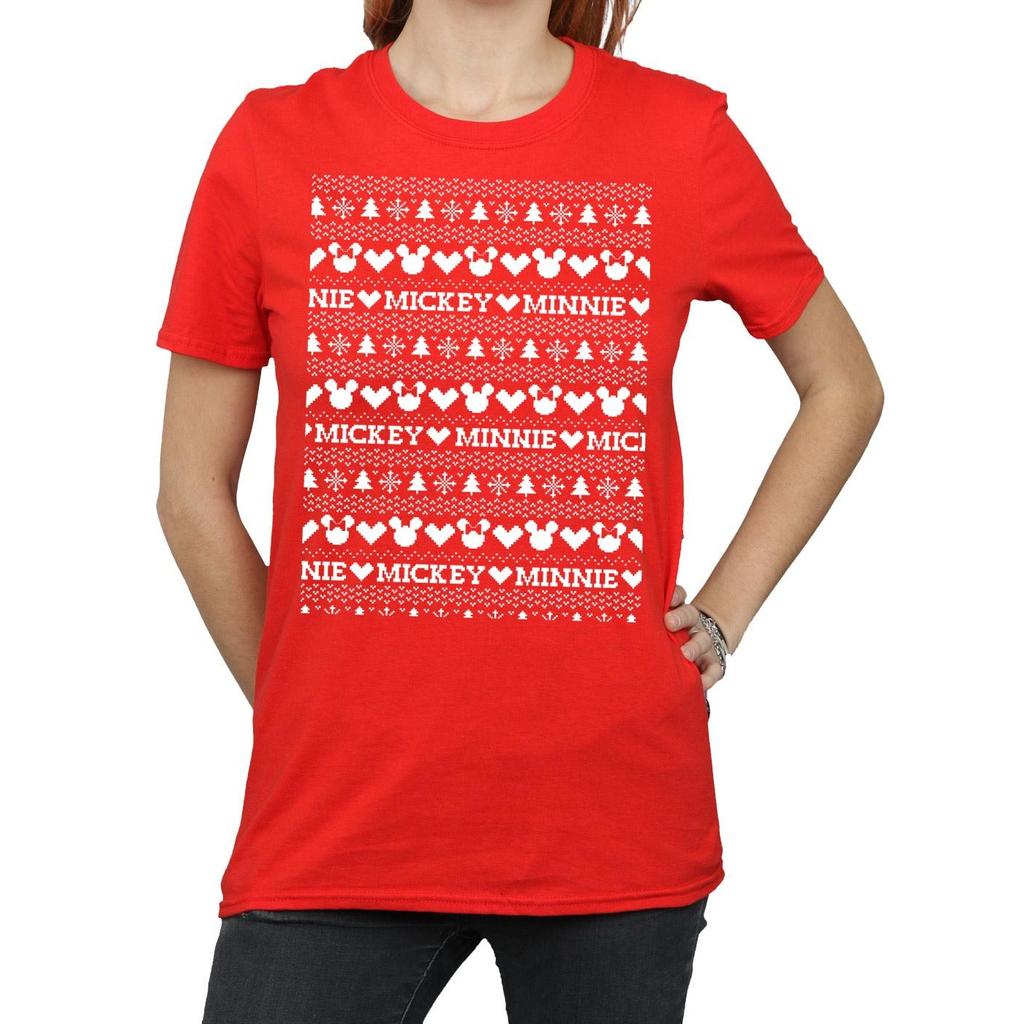 Disney Womens/Ladies Mickey And Minnie Christmas Fair Isle Cotton Boyfriend T-Shirt
