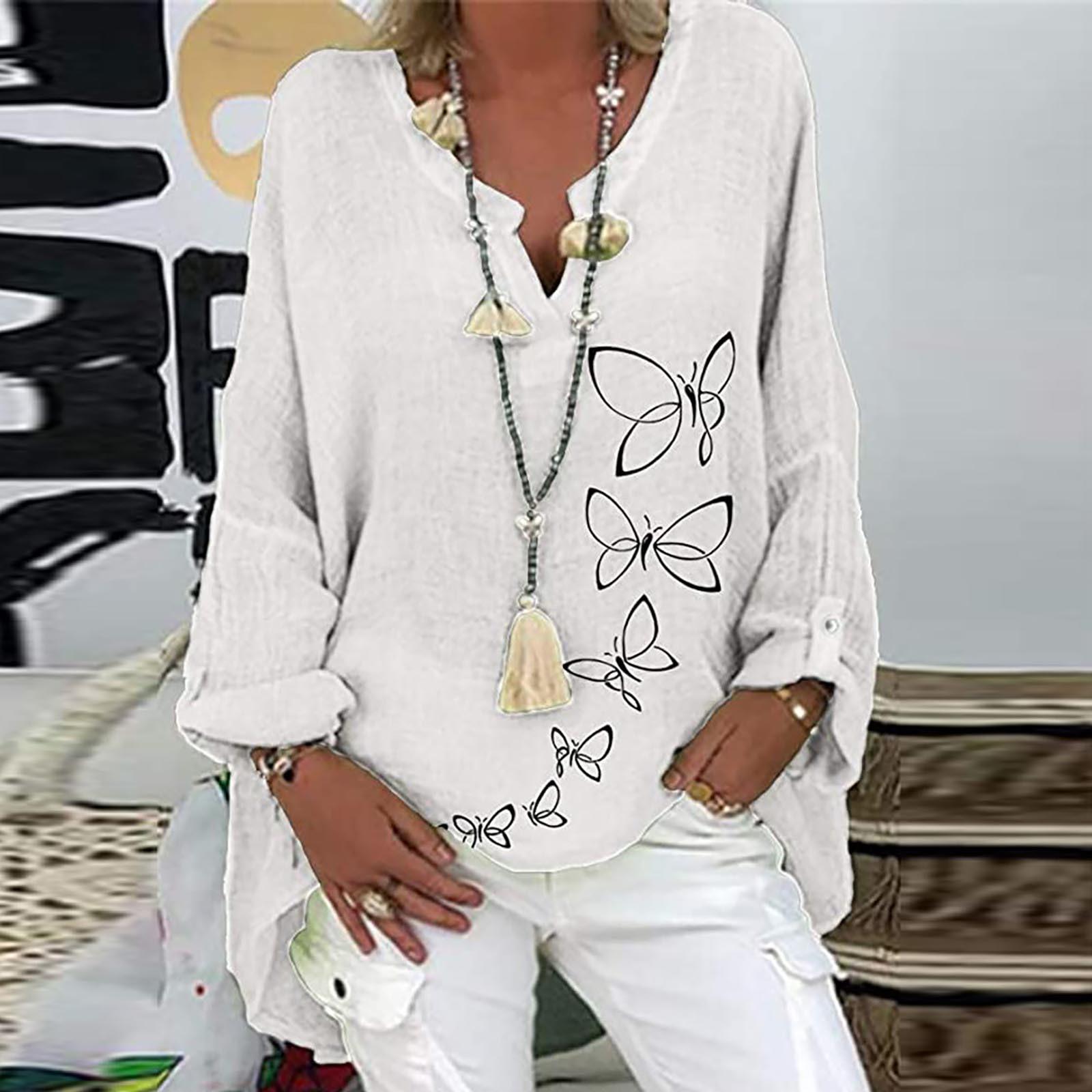 

Женская модная блузка с длинным рукавом из хлопка и льна с мелким принтом бабочек, повседневная, с V-образным вырезом XL белый