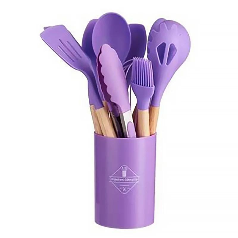 

12Pcs Silicone Kitchen Utensils With Storage Bucket High Temperature Wooden Handle Resistant And Non-Stick Pot Spatula Spoon