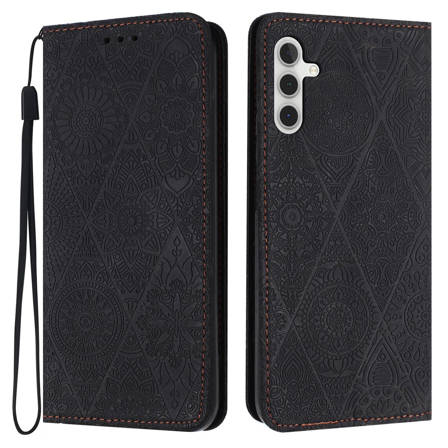 

For Samsung Galaxy S23 FE PU Leather Wallet Case Retro Flower Imprnted Stand Phone Cover Black