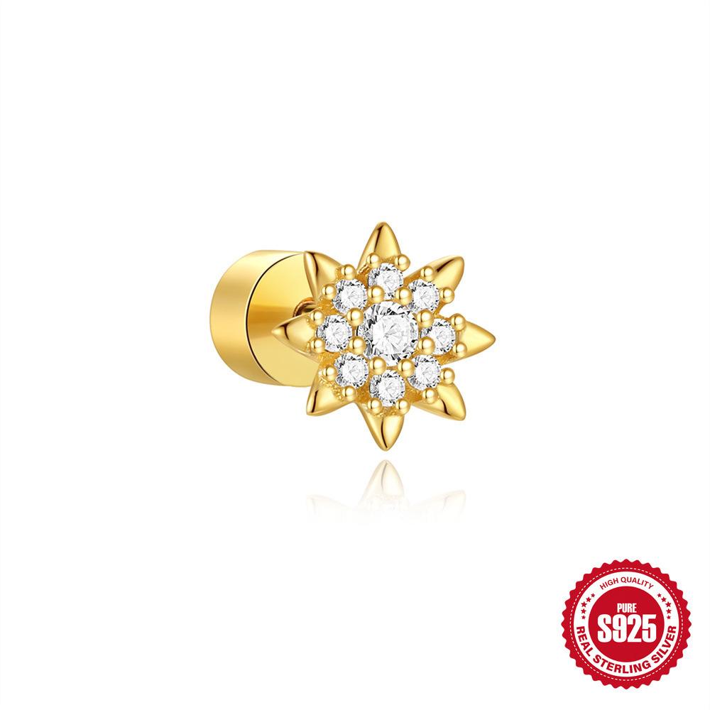 S925 Sterling Silver Daily Versatile Geometric Diamond-Set Cartilage Spiral Thick Bottom Flat Back Piercing Earrings Earrings Women