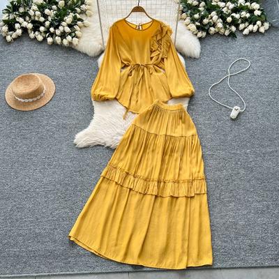 Women's Retro Style Royal Sister Simple Temperament Spring Bubble Sleeve Top Elastic Waist Slimming Skirt
