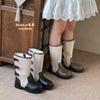 Youth Style Shoes Kids Girls Chunky Sole Riding Boots Winter Fashion Colorblock Round Toe Zipper Mid-Calf Shoes