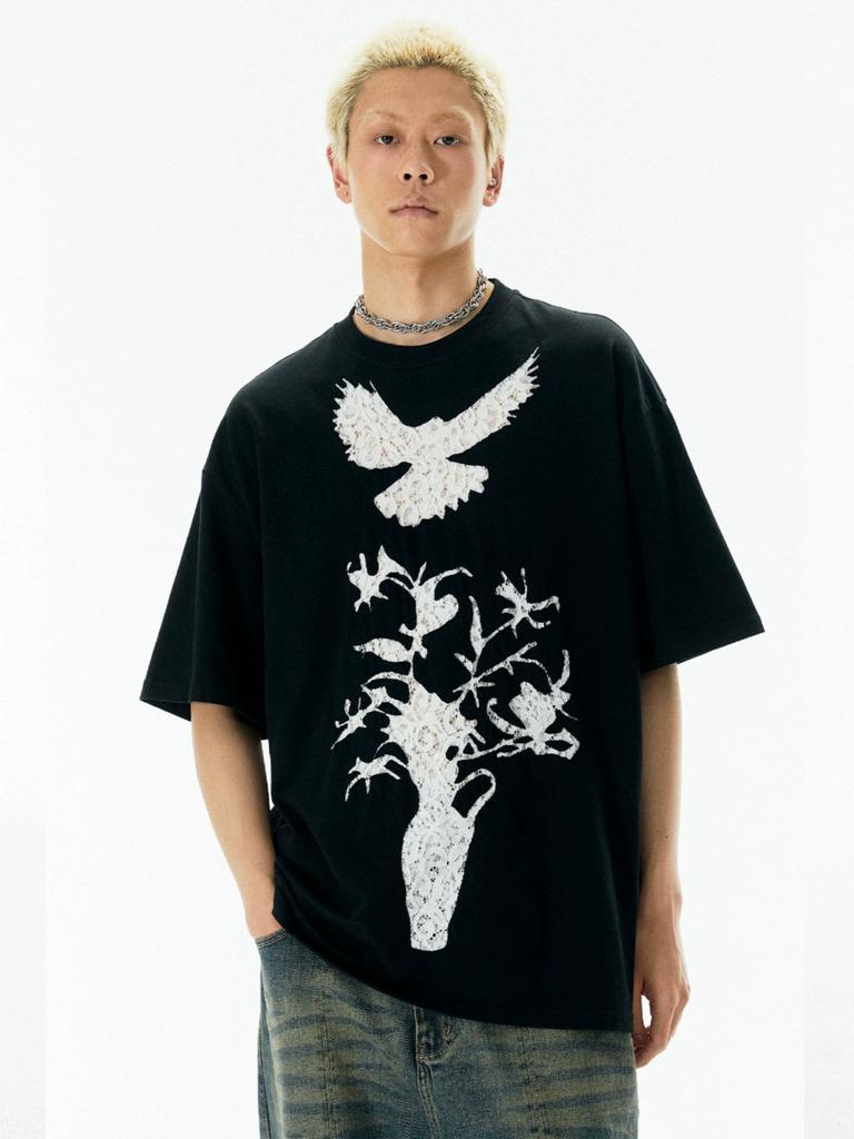 Bird Print Black Street Trendy Casual TShirt Mens and Womens Luxury Brand Top