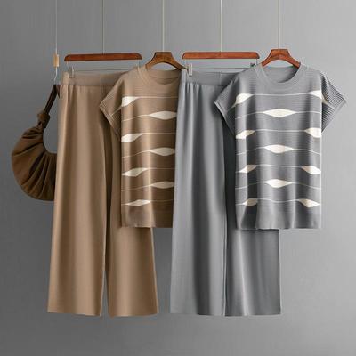 Fashion Set Women's Summer Striped Knitted Shirt Top High Waist Wide Leg Pants Casual Two Piece Set