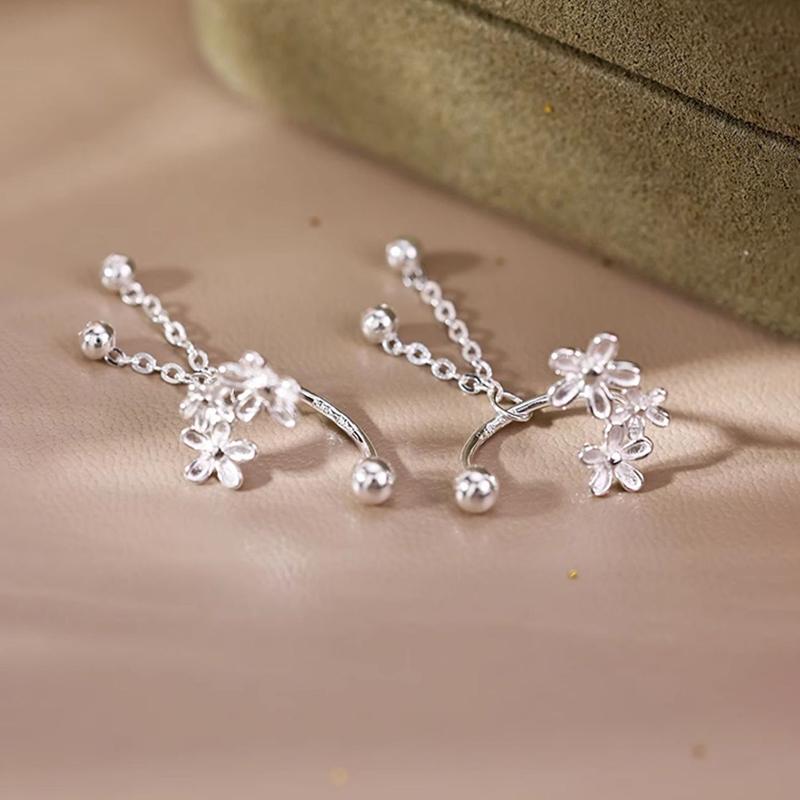 Real 925 Silver Flower Bead Screw Chain Tassel Plant Stud Earrings For Women Cute Fine Jewelry Light Accessories