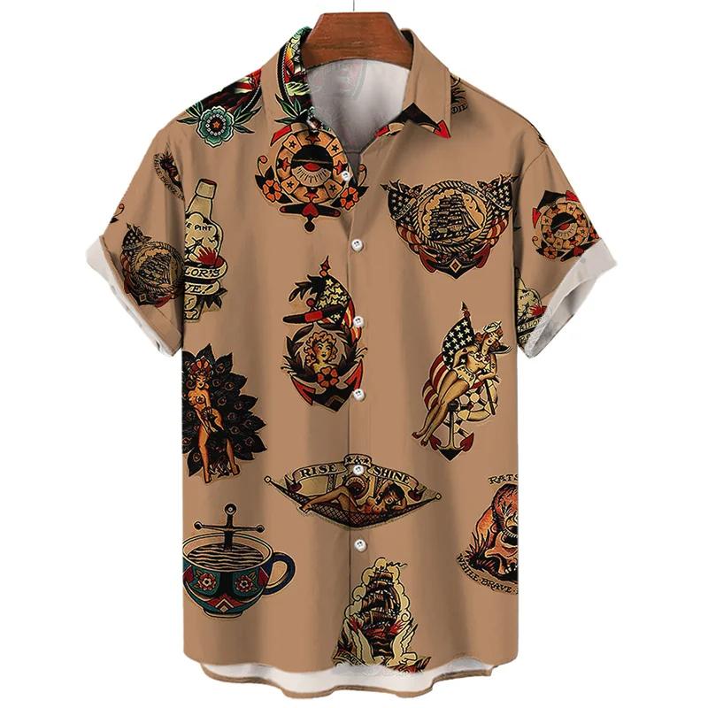 3D Retro Digital Printed Men's Lapel Short Sleeved Shirt