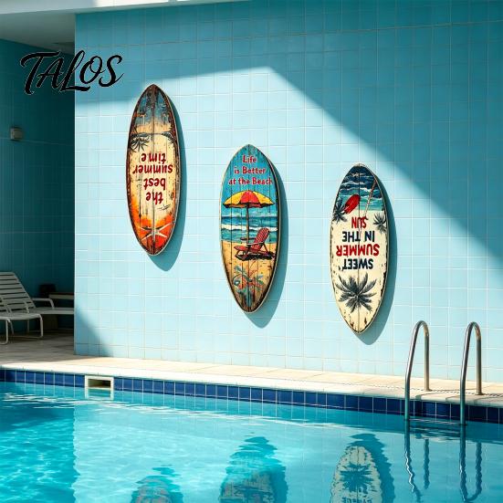1/3Pcs Surfboard Plaque Decoration, Solid Wood Vintage Coastal Wall Sign, Retro Seaside Style Wall Art Ornament for Indoor Outdoor Use