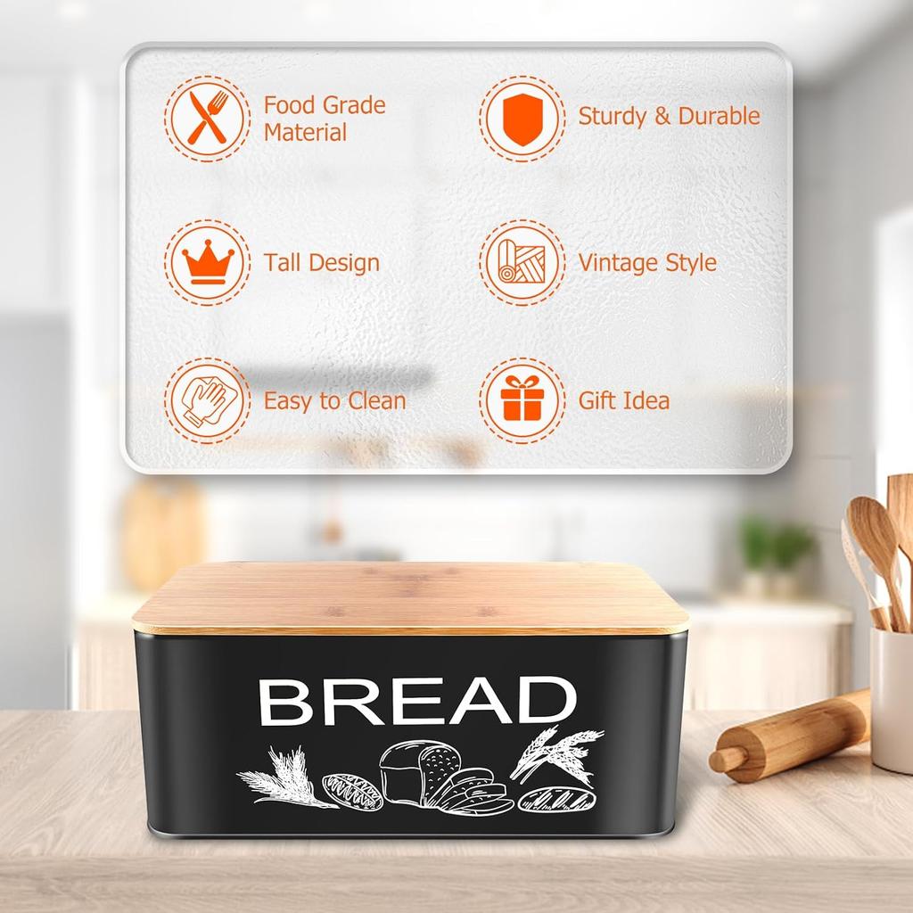 JIGUOOR Black Bread Box, Large Space Saving Vertical Metal Bread Box with Wooden Cutting Board Lid, Holds 2+ Loaves, Farmhouse Bread Bins Kitchen