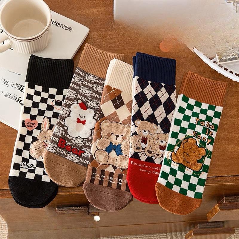 Cute Little Bear Socks, Cartoon Checkerboard Pattern, School Style, Versatile Cotton Socks, Trendy Short Socks