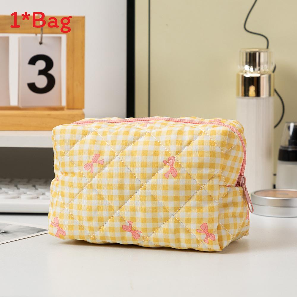 Korean Style Cotton Polyester Checkered Bow Makeup Bag With Zipper For Daily Use
