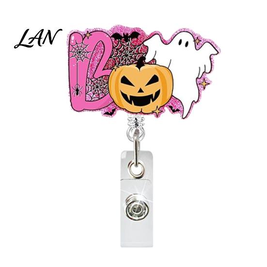 Teacher Badge Reel Retractable Holder, Halloween Glitter Acrylic Reel, Cute Ghost ID Card Pumpkin Holder for Nurse Doctor Worker