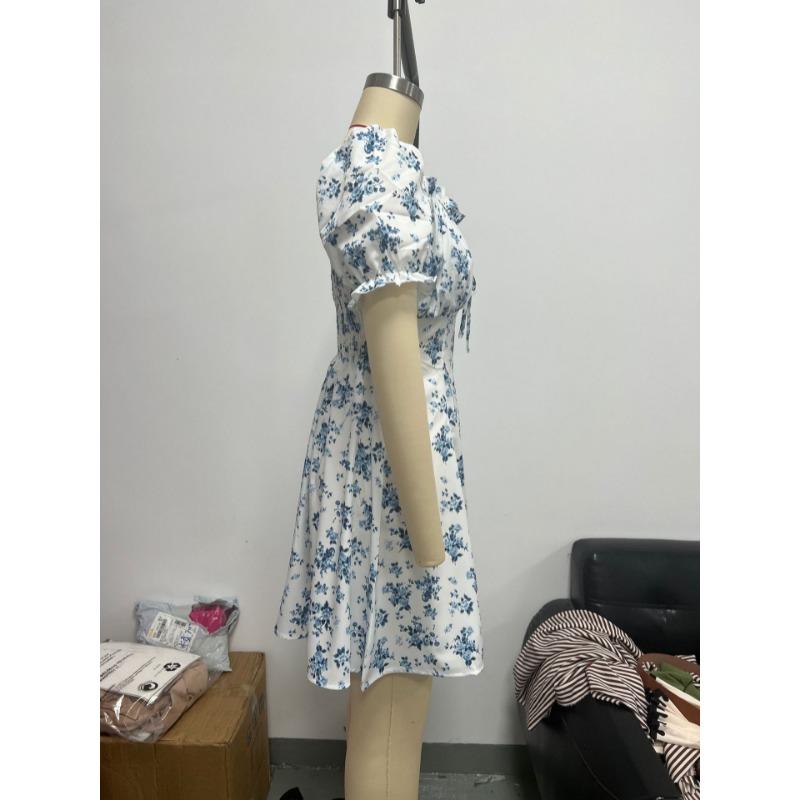 Square Collar Summer Puff Short Sleeve Floral Dress Fashion Elegant Slim Fit A-line Party Short Dress Female Casual Sweet Holiday Clothing