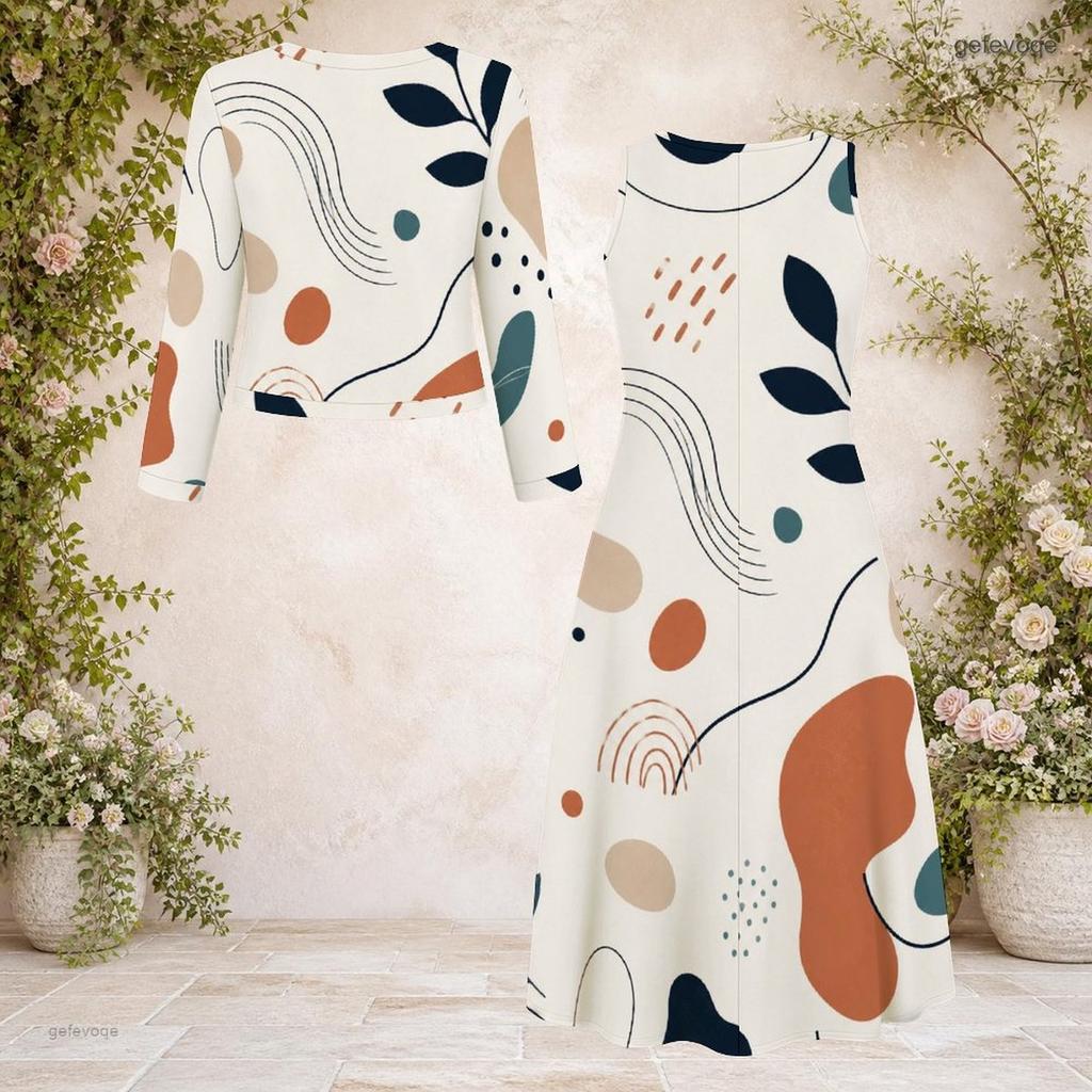 Women Plus Size Printed Round Neck Long Sleeve Cropped Cardigan Sleeveless Midi Dress Two Piece Set