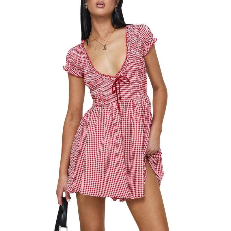 

Spring New Versatile Euro Sexy Pleating V Neck Short Sleeve Silm Dress Short All-Match Sweet Short Pantskirt Skirt Red L