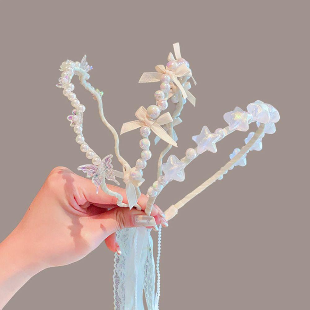 Bílý princeznovský vlasový obruč Roztomilá dětská čelenka Elegantní perlová mašle Vlasové pásky pro děti