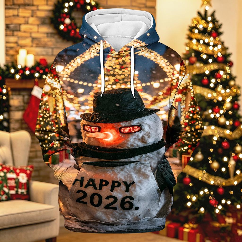 Men's Long Sleeve Hooded Sweatshirt with Christmas Print for Holiday Casual Wear