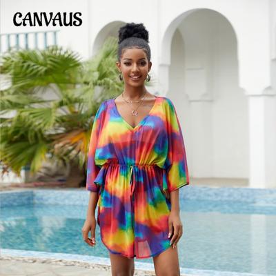 Sommer Damen Übergröße Bedrucktes Strandkleid Sexy Urlaubskleid Sonnenschutz Bikini Cover Up