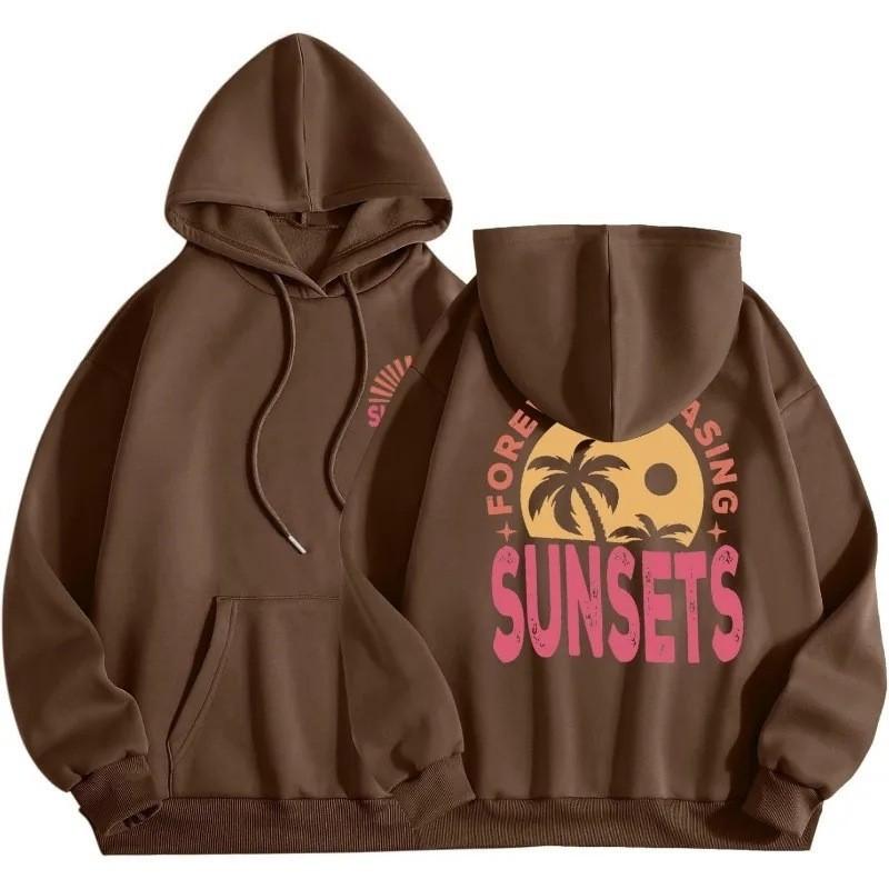Women's Warm Casual Top Sunset Style Fashionable Printed Hoodie Back Letter Slogan Drawstring Hoodie
