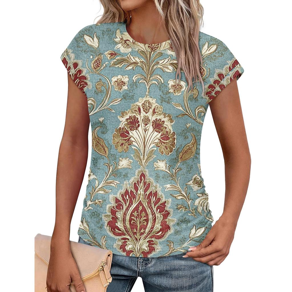 Women Summer Tops Trendy Crew Neck Short Sleeve T-shirts Shirts Fashion Women's Vintage Printed T-Shirt Outdoor Clothes Pullover