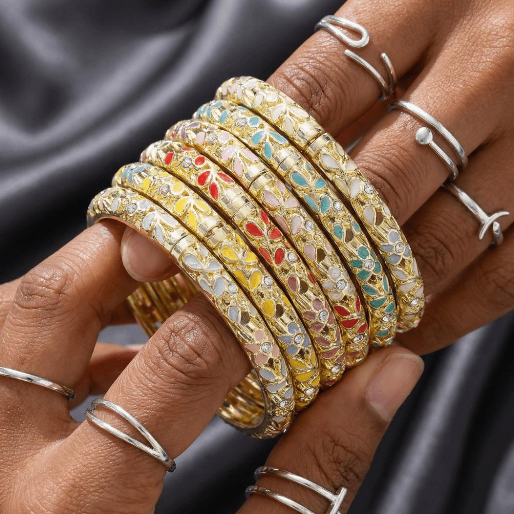 Traditional Flower Crystal Bangle Colorful Women's Hand Bracelet Vintage Cloisonne Bangle Ladies