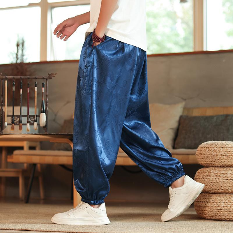 Chinese Men's Dragon Pattern Wide-Leg Bloomers - Loose Fit, Plus Size, Trendy Casual Pants
