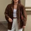 Womens Vintage Oversized Suede Jacket With Notched Lapel Triple Button Fall Winter