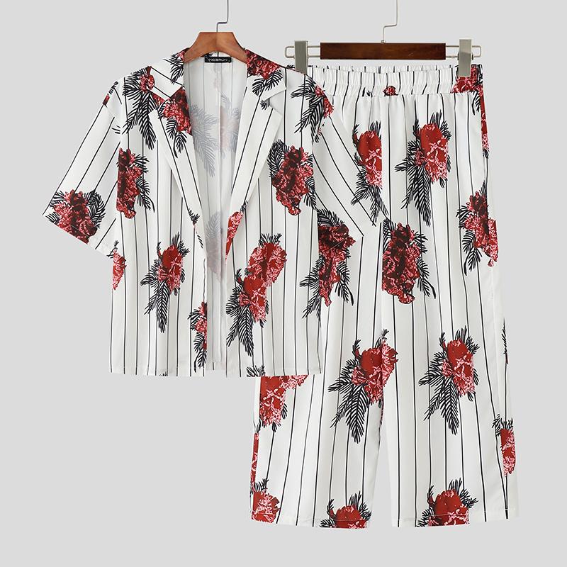 

INCERUN Мужские комплекты из двух предметов: рубашки с коротким рукавом в полоску, тонкие капри, повседневные комплекты с цветочным принтом 2XL