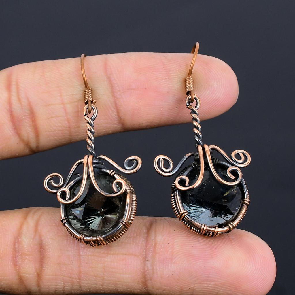 Smoky Topaz Gemstone Earrings, 999 Copper Wire Wrapped Earrings, Handmade Antique Jewelry, Gift For Mother Day