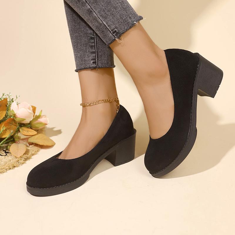 

High Quality Spring and Autumn Women s Shoes Fashionable Round Toe Shallow Mouth Medium Heel Suede Slip-On Women s High Heels 35