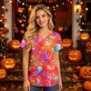 Women's V Neck Short Sleeve Work Top with Pockets Halloween Print Nurse Uniform Scrub Shirt for Healthcare Professionals