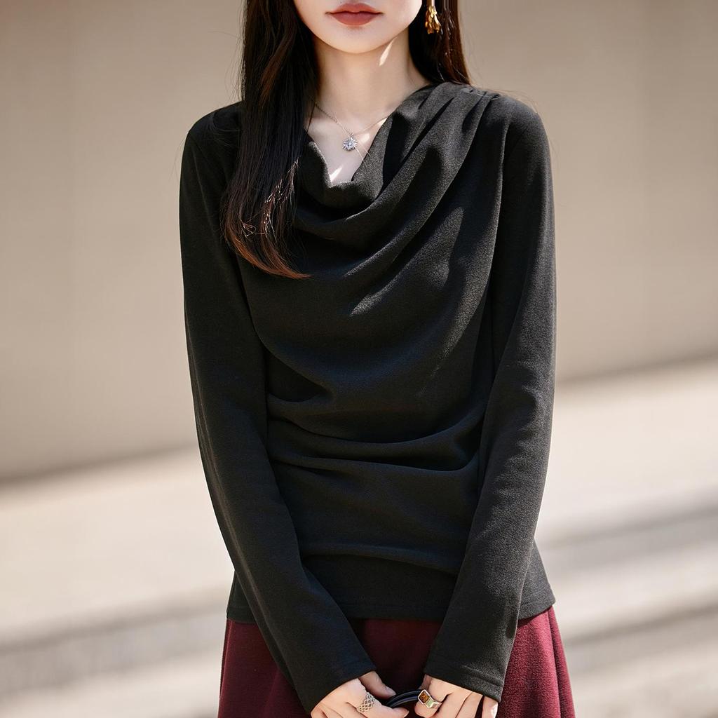 Double-Sided Velvet Scoop Neck Pleat Base Layer Women's Sweater - Autumn/Winter 2025 New Style Knitwear