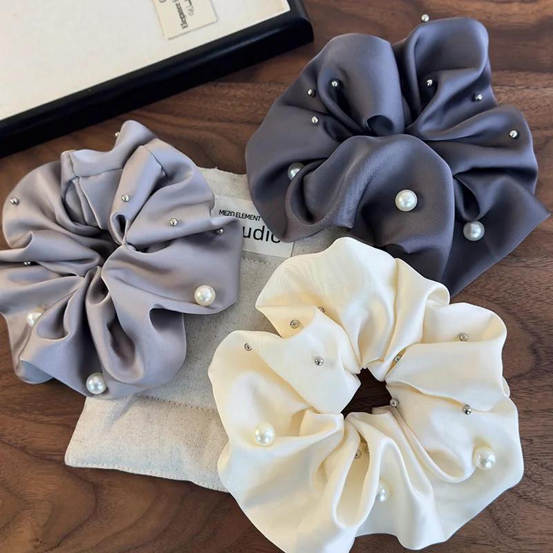 Retro Pearl Satin Hair Scrunchies Headband Women Temperament Hair Rope Rubber Band Spring/summer Fashion Female Hair Accessories