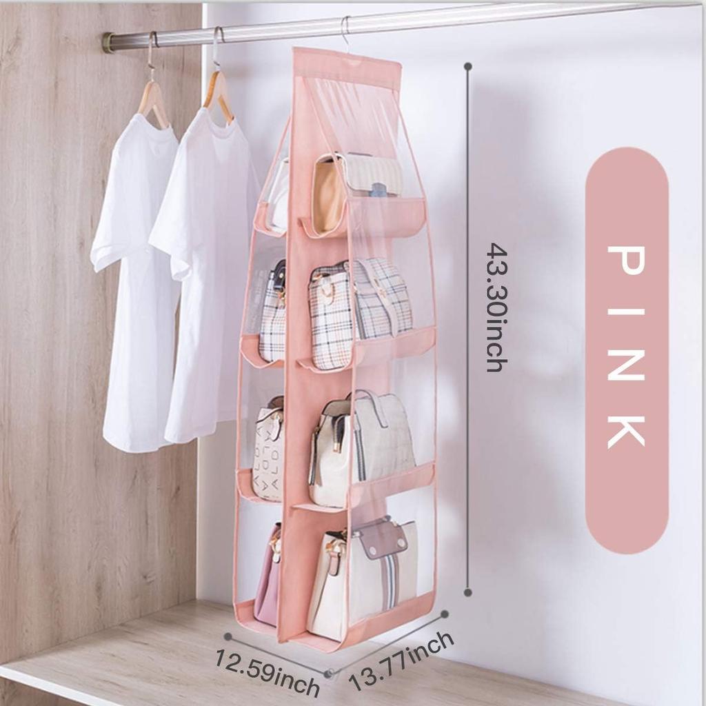2pcs 8 Pockets Hanging Purse Handbag Organizer Clear Hanging Shelf Bag Collection Storage (Pink*2)
