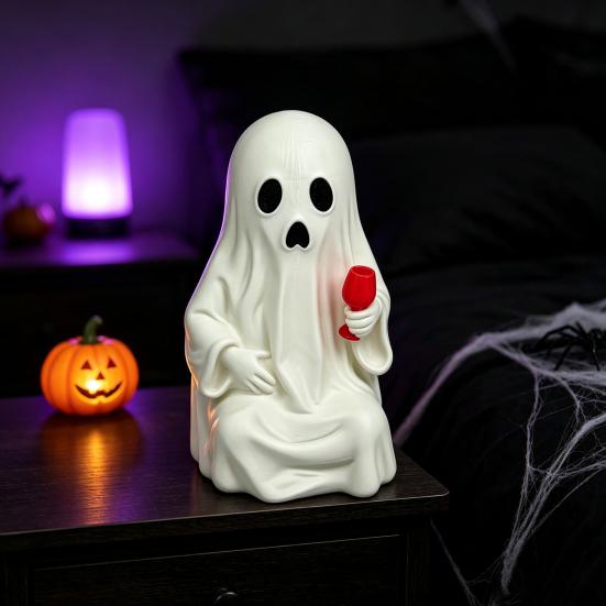 Interesting Party Supplies for Adults 3D Printed Ghost Figurine with Wine Glass, Funny Halloween Desktop Dark Style Decorations Decor Statue, Novelty