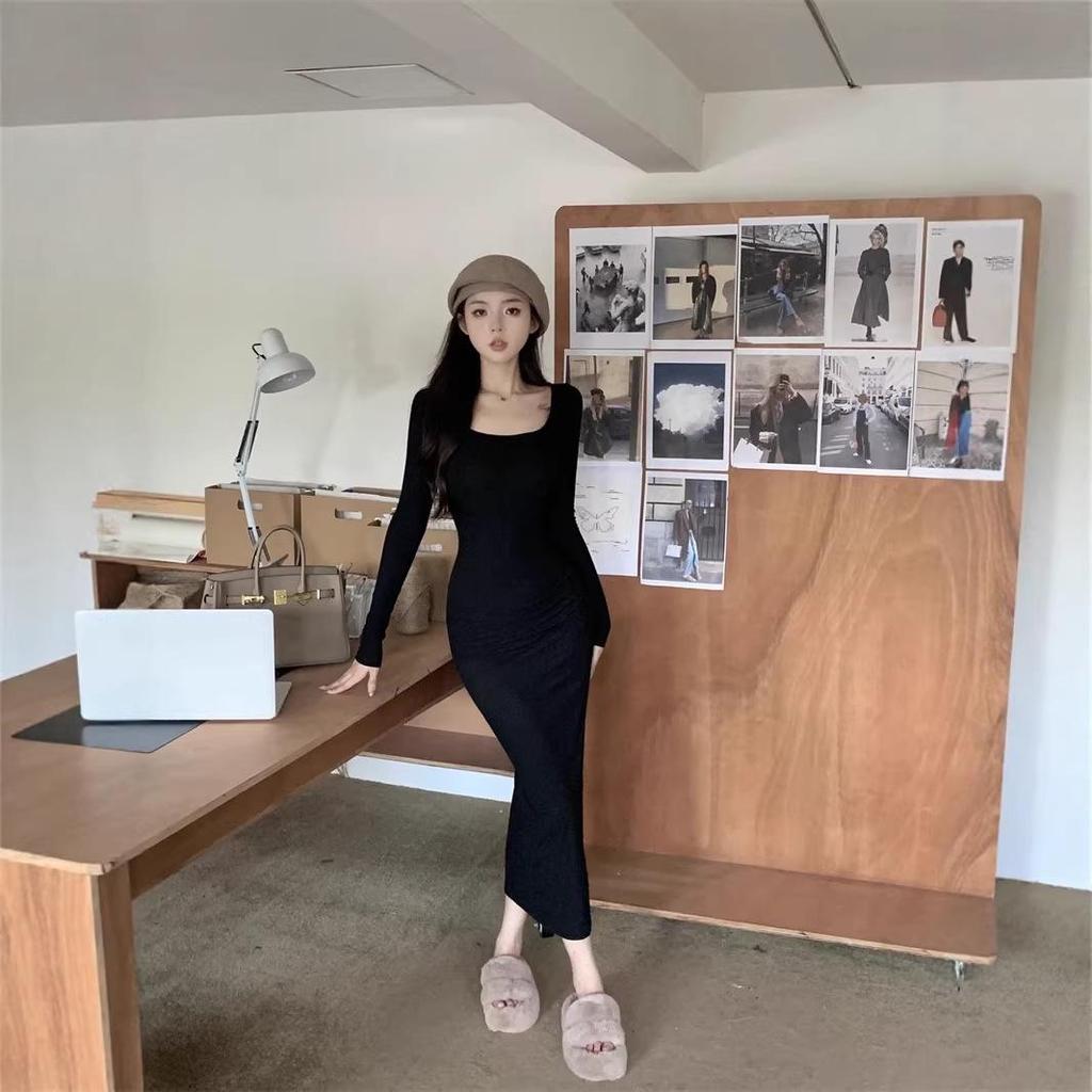 Women's Gray Long-Sleeved Square Neck Mermaid Dress - Spring 2026 Collection