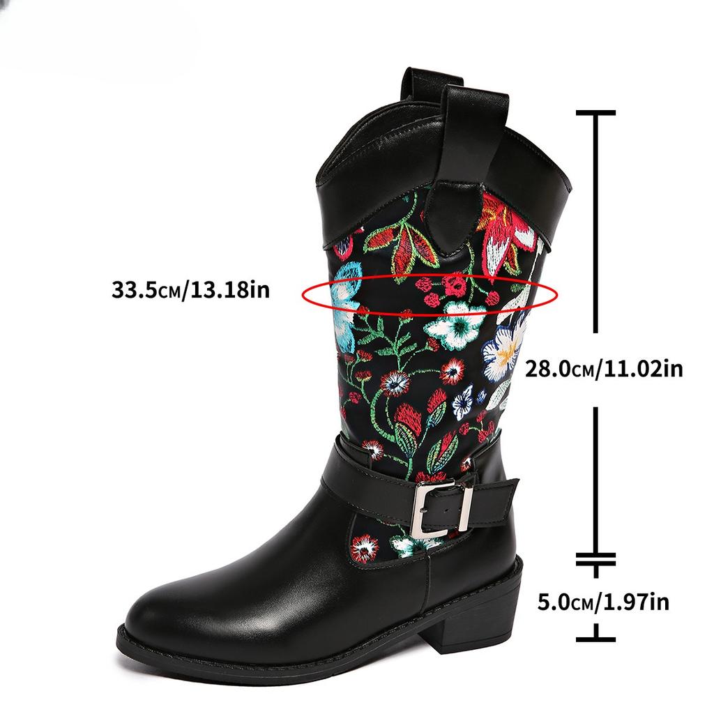 Nya Mellanvaderstövlar i Stor Storlek med Tjock Klack, Damstövlar med Broderat Bältesspänne och Damskor