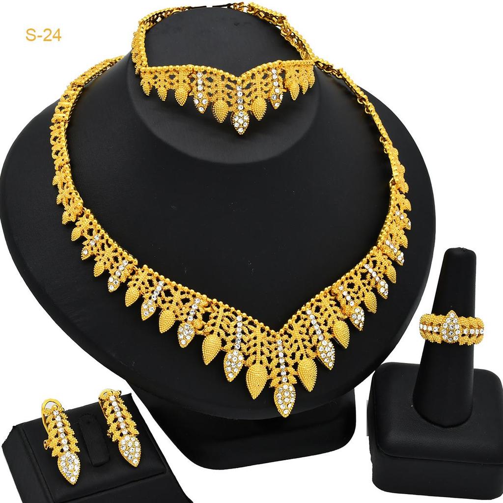 Indian Dubai Sand Gold Jewelry Set: Necklace, Bracelet, Ring & Earrings for Bridal Wedding.