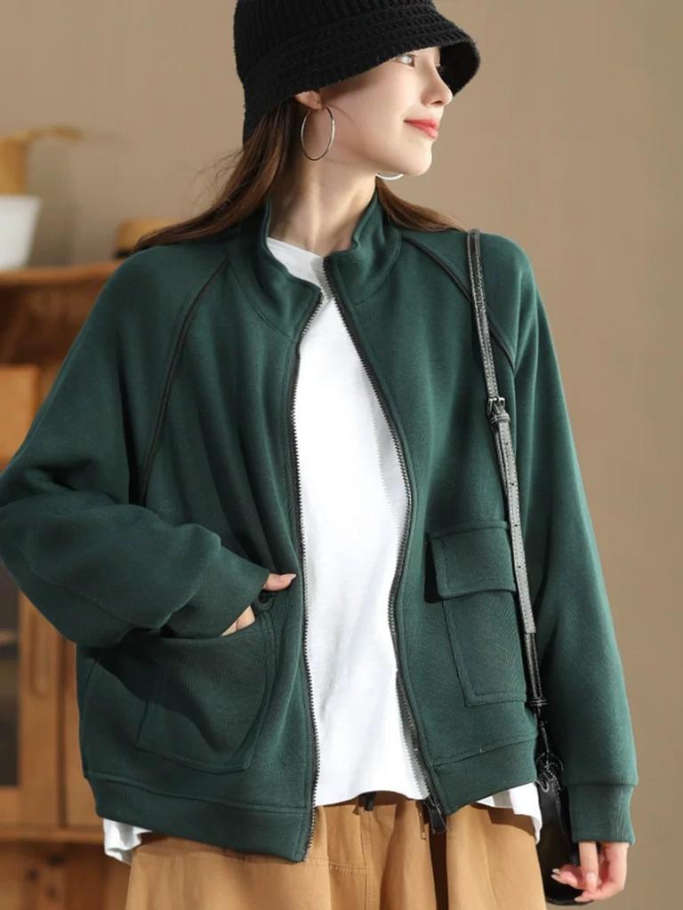 Johnature Fashion Zipper Long Sleeves Casual Loose Personality Coat Woman Autumn Niche Turn Down Collar Vintage Coat