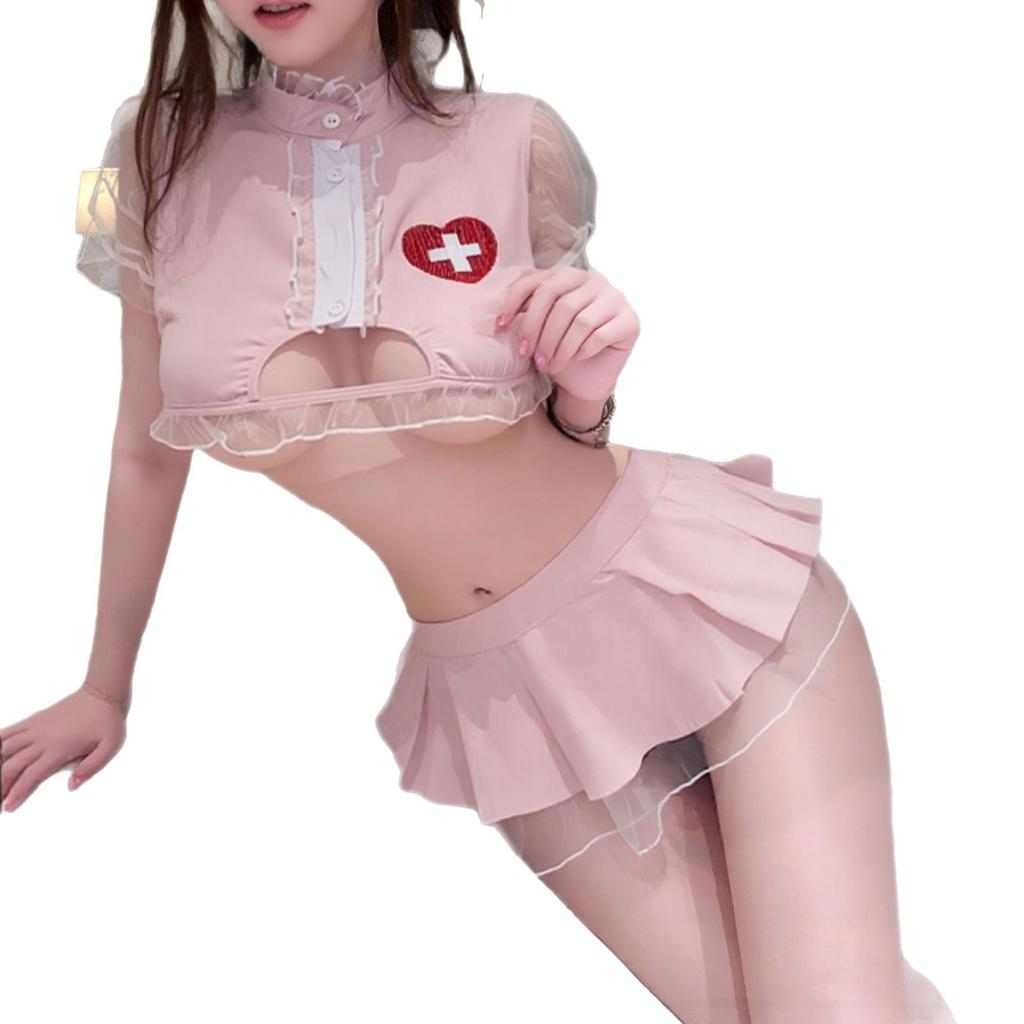 Large Size Sex Clothes Pink Sexy Nurse Clothes Cosplay Hollow Women Free Passion Pure Desire Suit