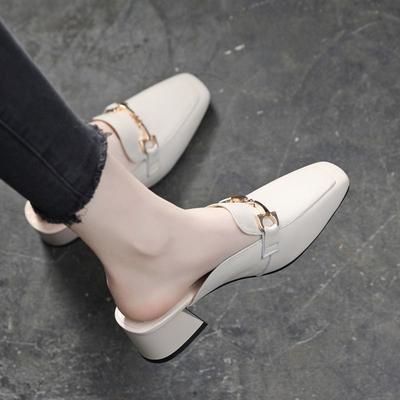 2025 Spring New Bag Head Half Slippers Women Wear Thick Heel Versatile Medium Heel Square Head High Heels Fashion Cool Slippers