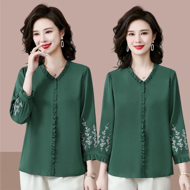 Women's Purple Satin Blouse Elegant Ruffled V-neck Half-sleeve Embroidered Casual Office Top