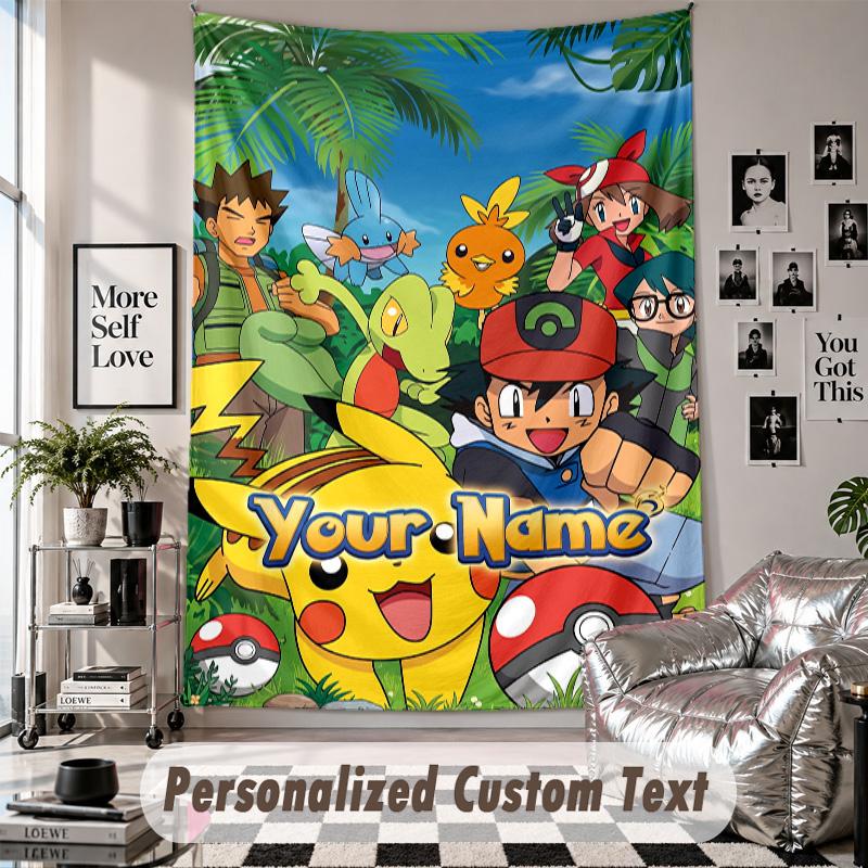 Wall Hanging Tapestry With Custom Name & Text, Pokémon Decorative Tapestry For Bedroom